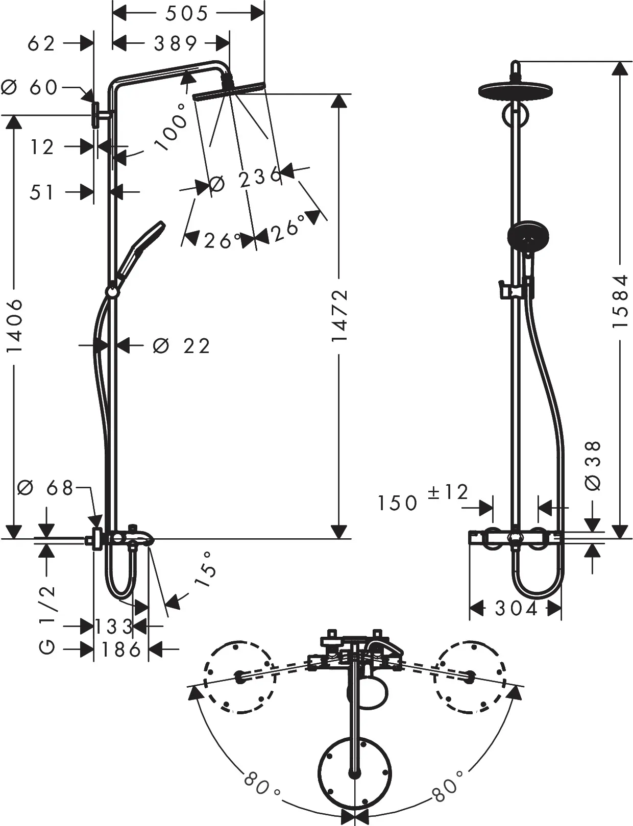 Showerpipe Raindance Select Wanne chr.Kopfbrause Raindance Air 1jet 240mm