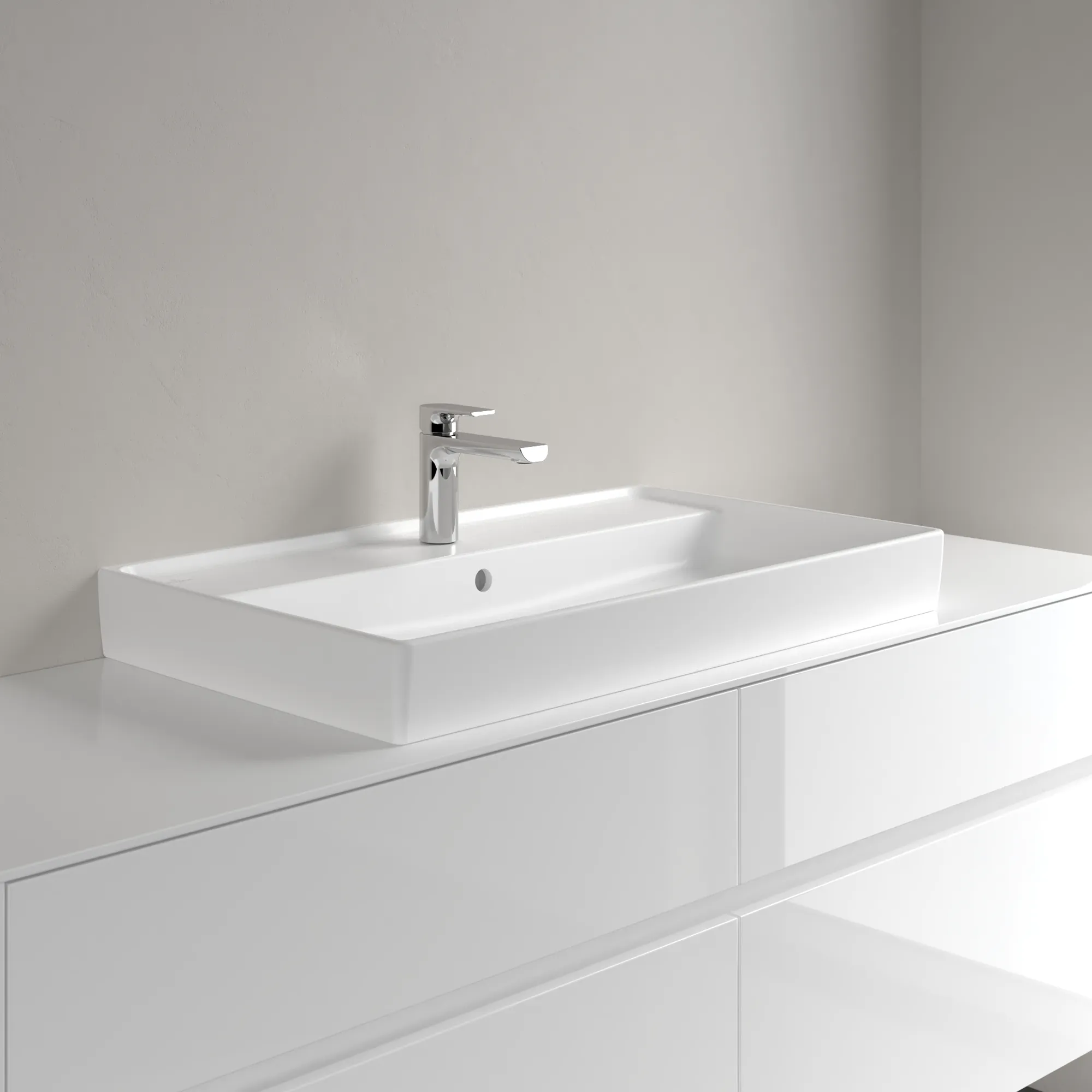 Villeroy & Boch Schrankwaschtisch aus TitanCeram geschliffen „Collaro“ 800 × 465 × 160 mm, mit Hahnlochbohrung, Hahnlochposition mittig in Stone White