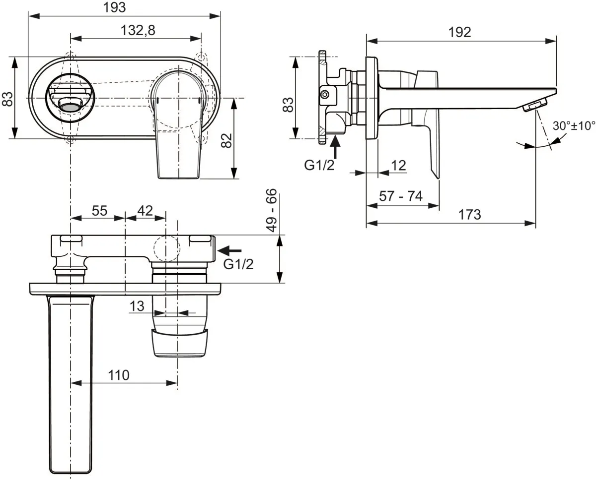 Wand-Waschtischarmatur Unterputz Tesi, 5 l/min., Bausatz 2, Ros.193x83mm, Ausladung 173mm, Chrom Wand-Waschtischarmatur Unterputz Tesi, 5 l/min., Bausatz 2, Ros.193x83mm, Ausladung 173mm, Chrom