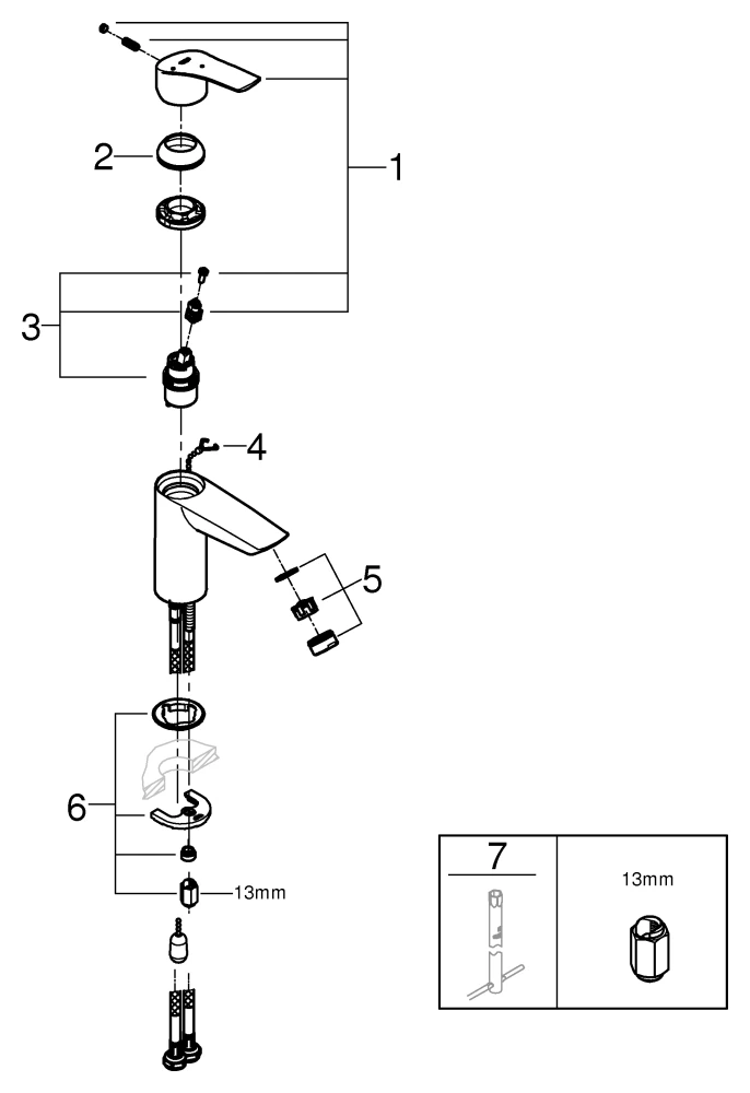 Einhand-Waschtischbatterie Eurosmart 23372_3, S-Size, Einlochmontage, Temperaturbegrenzer, versenkbare Kette, chrom