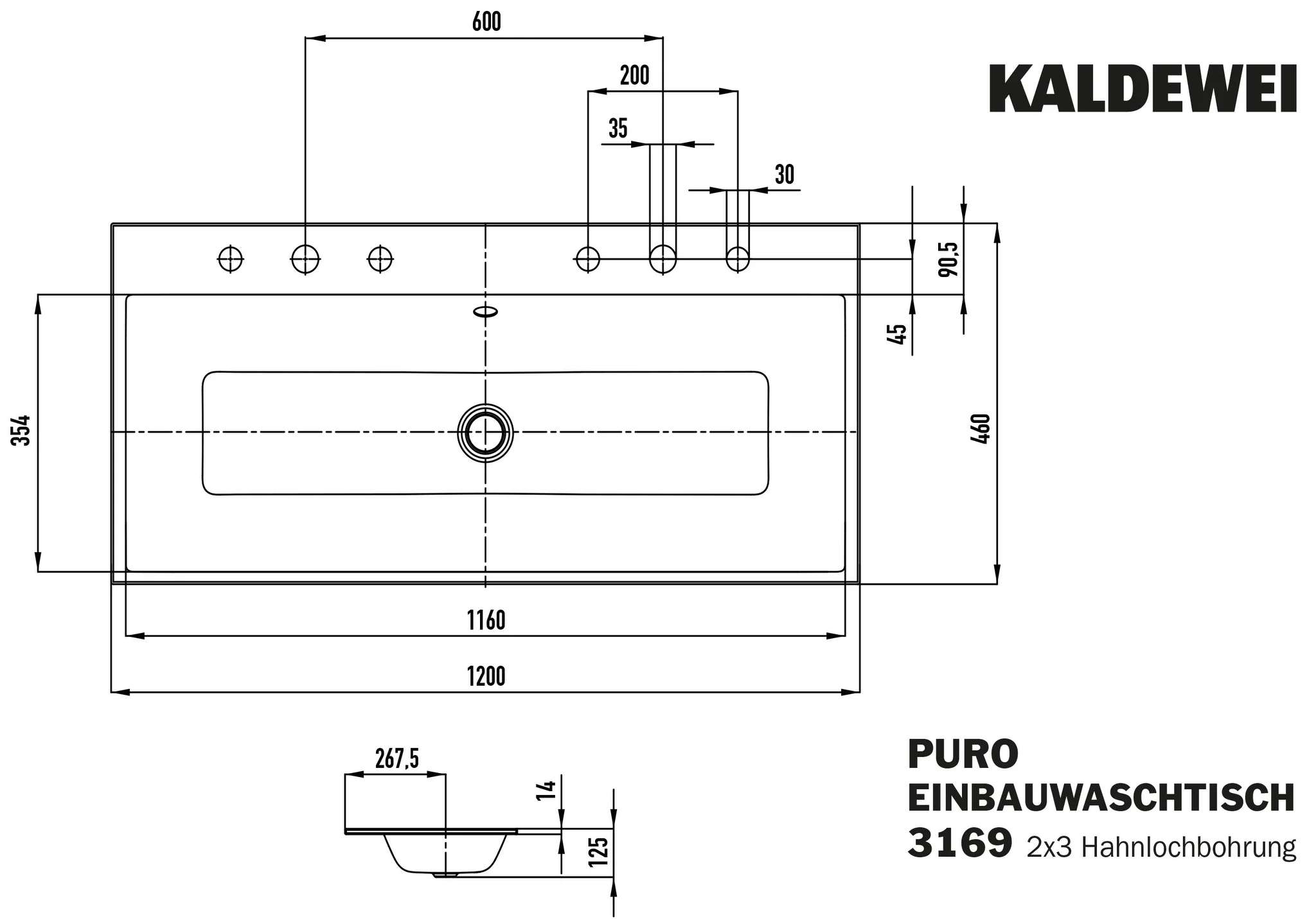 Doppelwaschtisch „Puro“ 120 × 46 cm, mit Überlauf, mit Hahnlochbohrung in alpinweiß mit Perl-Effekt