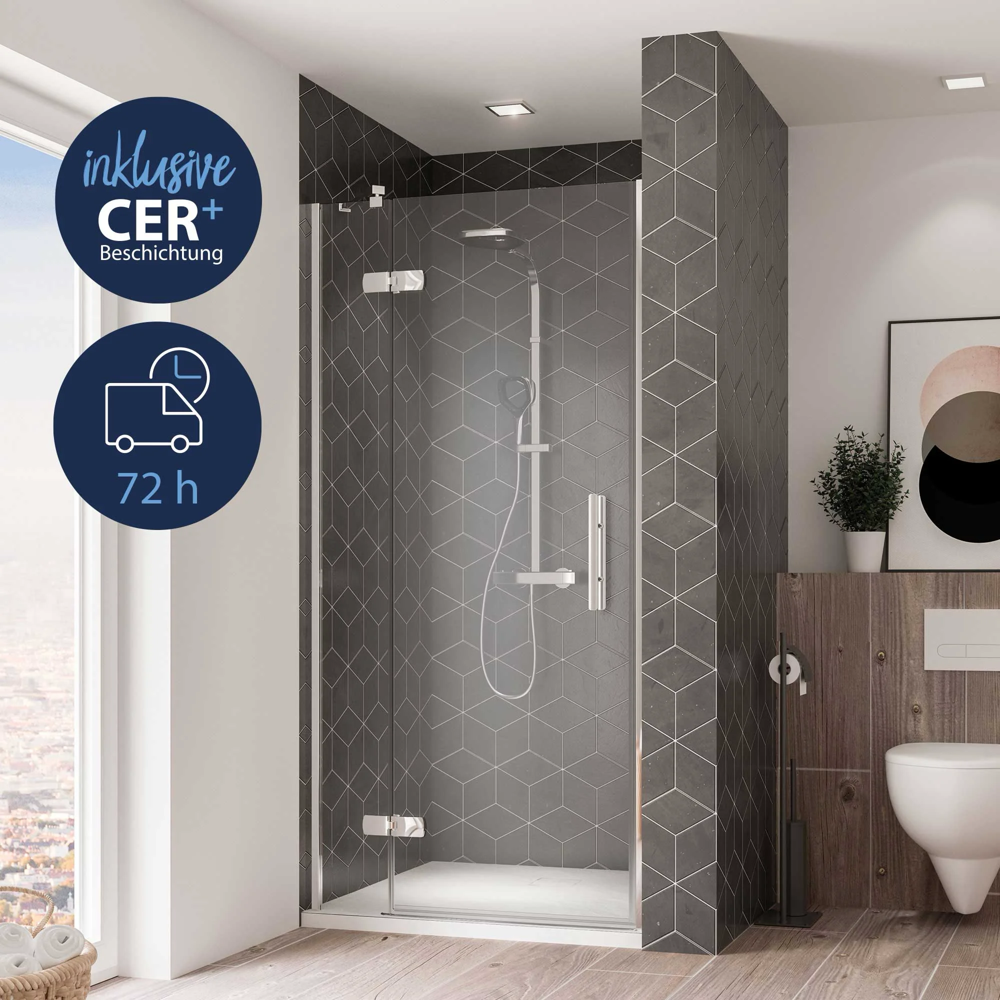 Breuer QUICK 72 Avanta Drehtür mit Festteil – Alu chromeffekt, 900 mm (885‑915 mm Einbau), 2000 mm Höhe