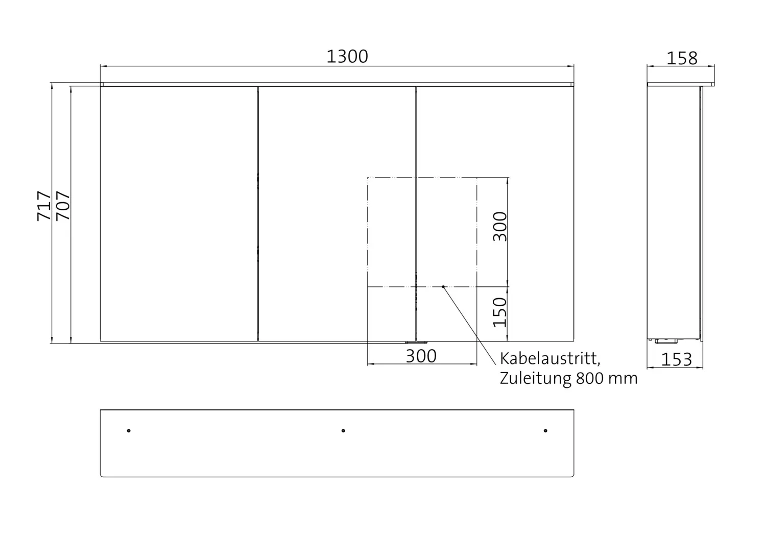 Lichtspiegelschrank pure 2 Design,Aufputz, mit Waschtischbeleuchtung,3 Türen, 1300mm