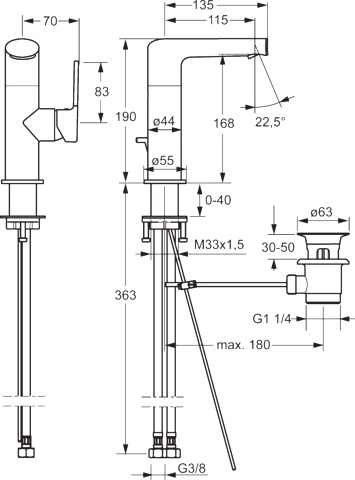 HA Einhebelmischer Waschtischbatterie HANSARONDA 5526 Zugstangenablaufgarnitur Ausladung 115 mm DN15 Chrom