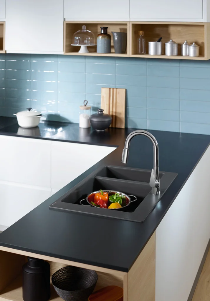 Hansgrohe Einbauspüle S51 Serie, Steingrau, 750 x 490 mm Ausschnitt, 80 cm Unterschrank, Aufbau, 1 Hauptbecken + 1 Zusatzbecken