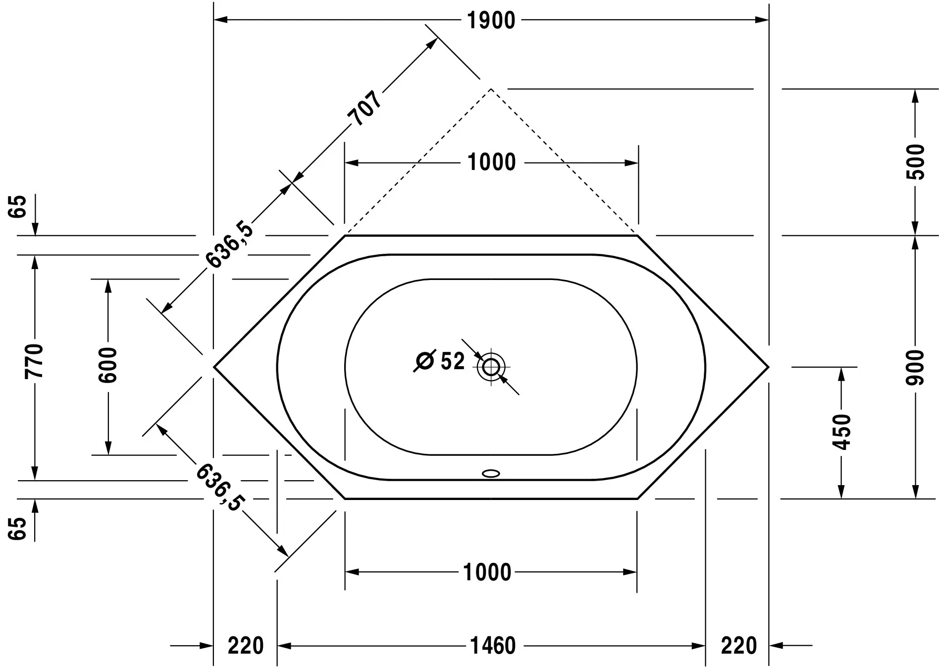 Duravit Badewanne „D-Code“ sechseck 1900 × 900 mm, Mittelablauf in Weiß Duravit Badewanne „D-Code“ sechseck 1900 × 900 mm, Mittelablauf in Weiß