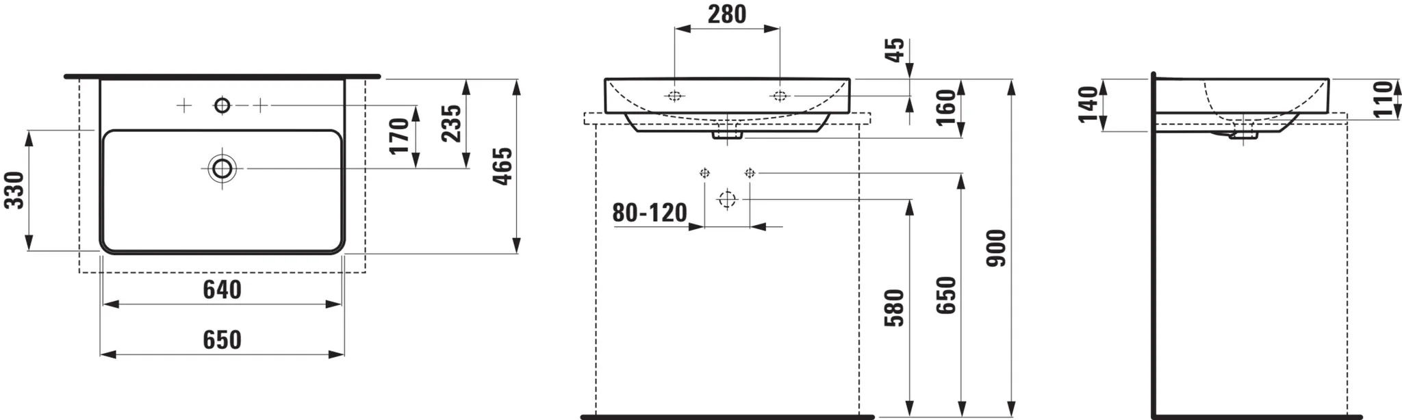 PRO X Aufsatz-Waschtisch 816864 1HL m. mÜL, 650x465, weiß