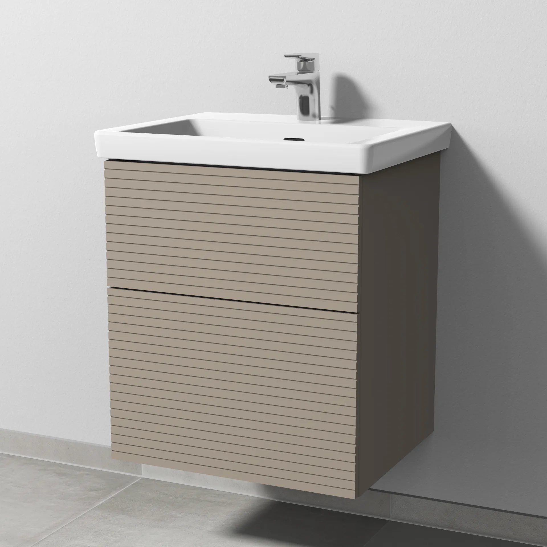 Sanipa Waschtischunterschrank „3way“ Struktur 507 × 588 × 432 mm in Sandgrau (matt), mit Hahnlochbohrung, Becken mittig Sanipa Waschtischunterschrank „3way“ Struktur 507 × 588 × 432 mm in Sandgrau (matt), mit Hahnlochbohrung, Becken mittig