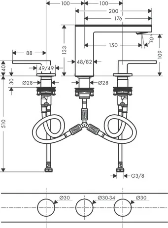 AXOR MyEdition 3-Loch Waschtischarmatur 110 mit Push-Open Ablaufgarnitur ohne Platte Chrom AXOR MyEdition 3-Loch Waschtischarmatur 110 mit Push-Open Ablaufgarnitur ohne Platte Chrom