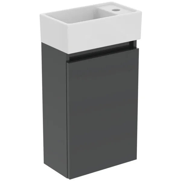 Möbelpaket Eurovit+ Handwaschbecken rechts 37cm Weiß und Unterschrank 36cm mit Tür Hochglanz grau lackiert Möbelpaket Eurovit+ Handwaschbecken rechts 37cm Weiß und Unterschrank 36cm mit Tür Hochglanz grau lackiert