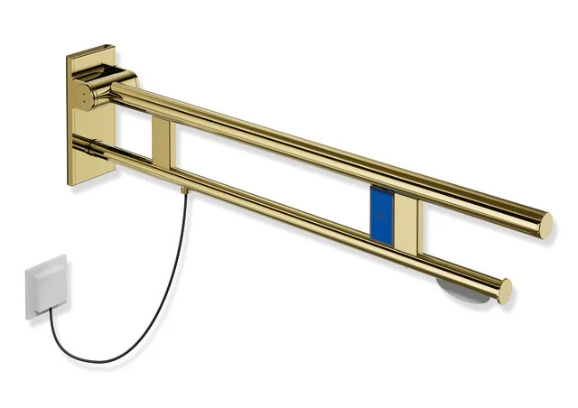 HEWI Stützklappgriff Duo System 900, Design A, Edelstahl PVD gold glänzend, Ausladung 850 mm, mit WC-Papierhalter und Spülauslösung E-Ausführung links