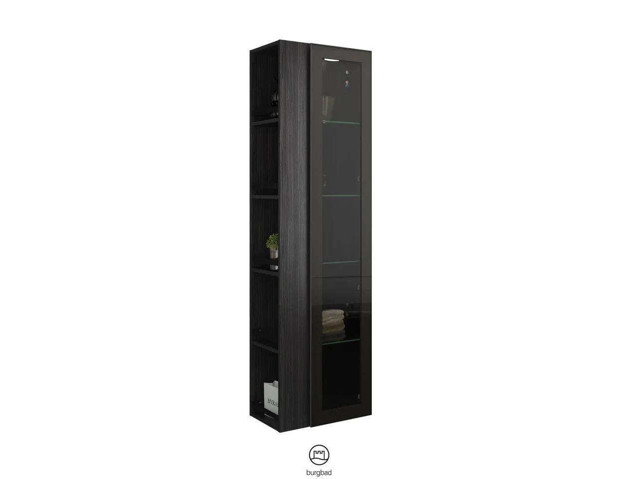 Hochschrank, 1 Alurahmentür mit Rauchglaseinsatz in Bronze;4 Glaseinlegeböden;LED-Innenbeleuchtung, 5 W, 4000 K;Energieeffizienzklasse F;für Raumschaltung;offenes Regal mit 4 Einlegeböden;IP20, Tiefe: 320 mm, Breite: 500 mm, Höhe: 1760 mm