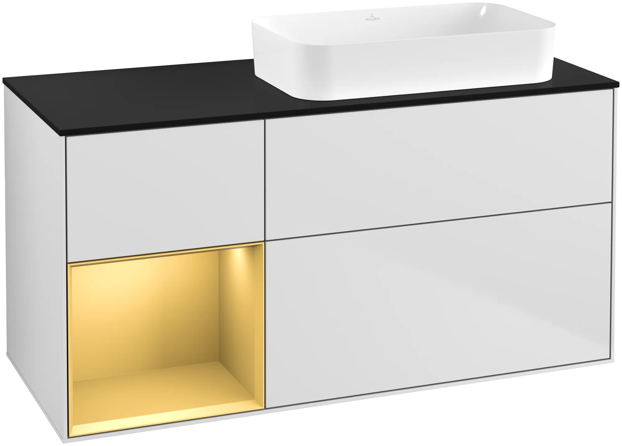 Villeroy & Boch Waschbeckenunterschrank Finion G68, 1200x603x501mm, White Matt Lacquer / Gold Matt Lacquer / Glass Black Matt