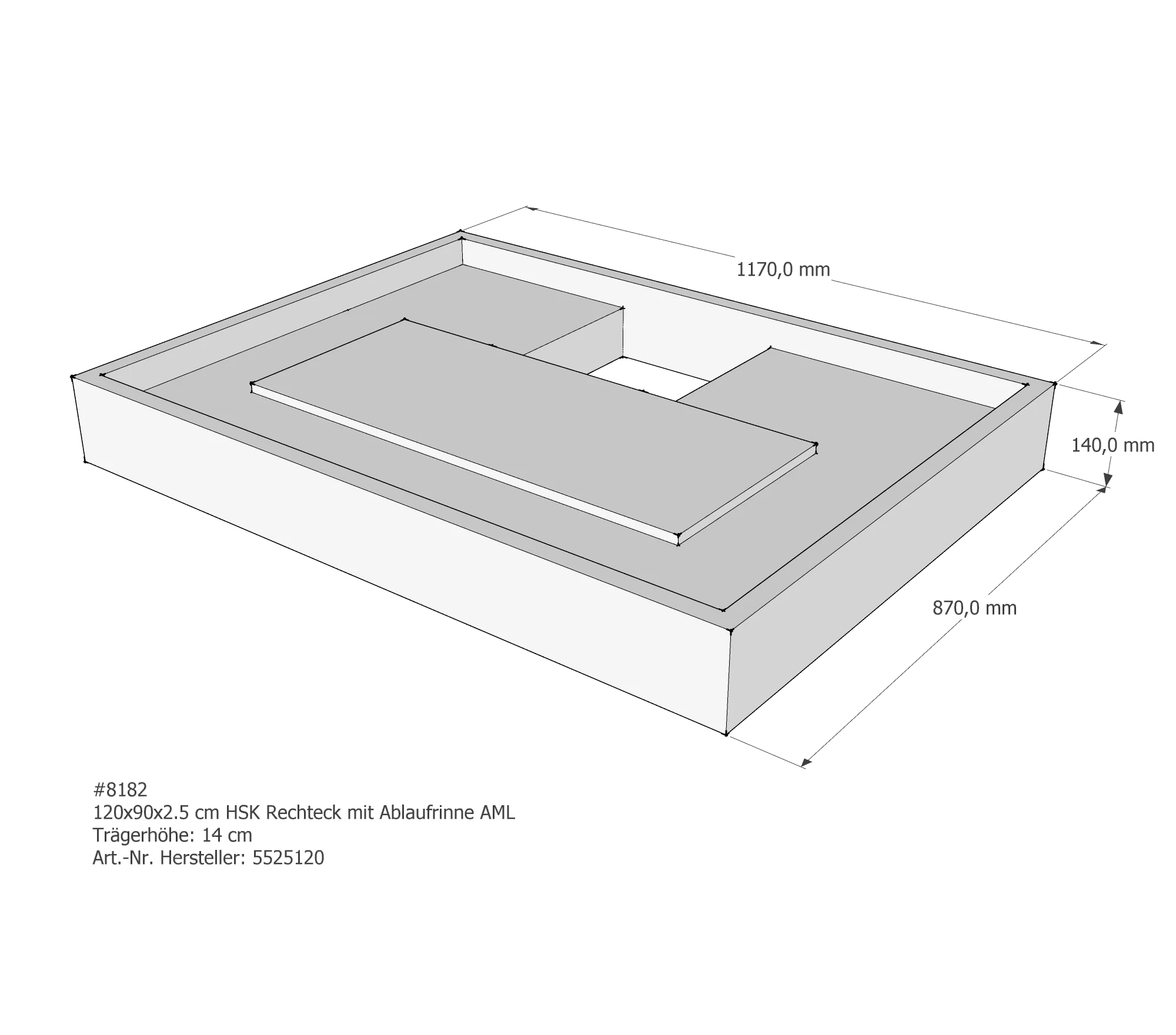 Duschwannenträger für HSK Rechteck Ablaufrinne 120 × 90 × 2,5 cm