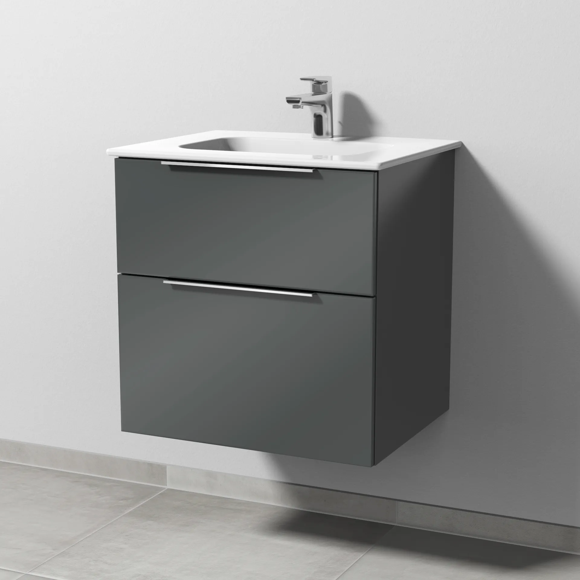 Keramik-Waschtisch-Set mit Waschtischunterschrank „3way“ 57 × 46 × 58,2 cm in Anthrazit (glanz), mit Hahnlochbohrung, Becken mittig