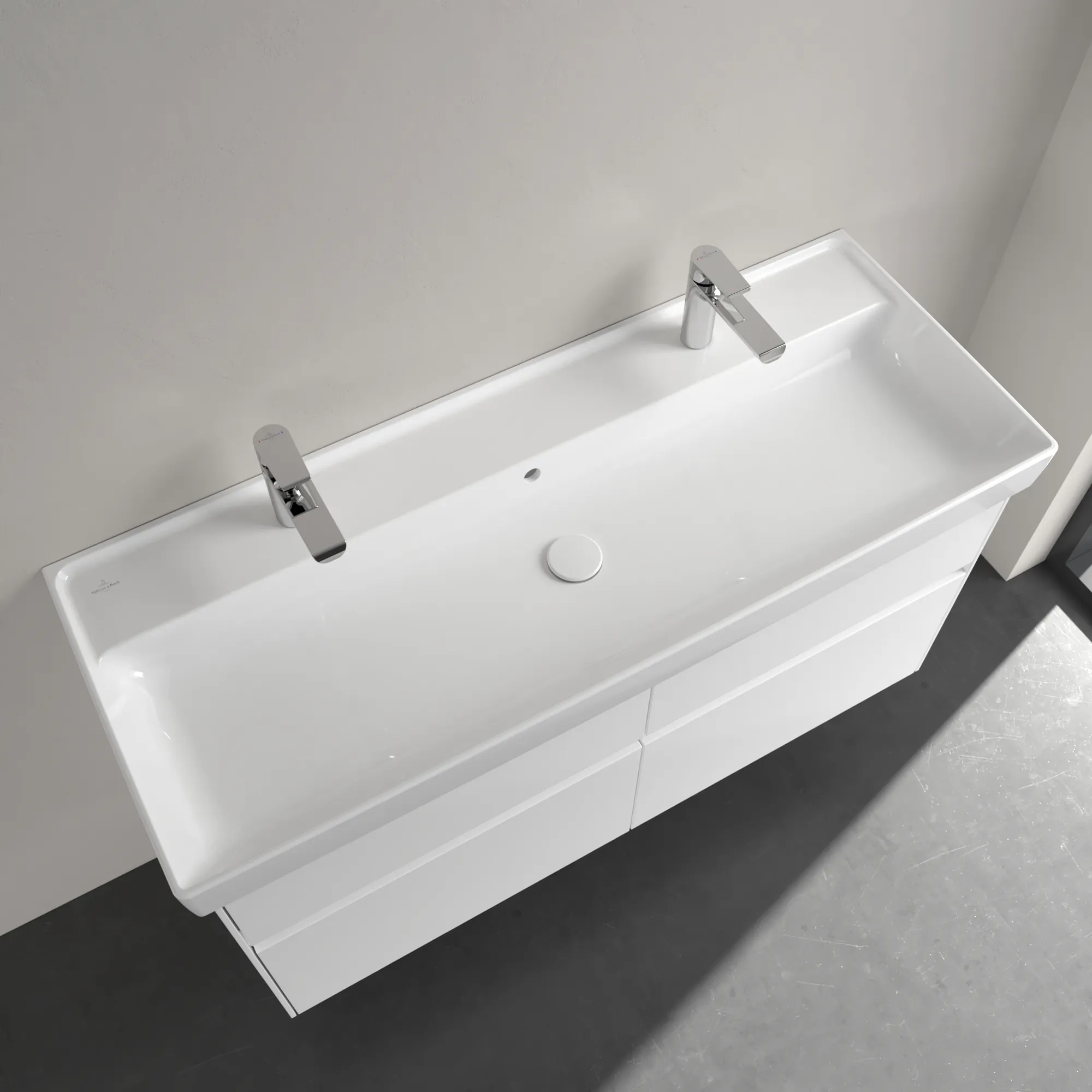 Villeroy & Boch Schrankwaschtisch aus TitanCeram „Collaro“ 1200 × 470 × 160 mm, Hahnlochposition links und rechts, mit Hahnlochbohrung in Weiß Alpin Villeroy & Boch Schrankwaschtisch aus TitanCeram „Collaro“ 1200 × 470 × 160 mm, Hahnlochposition links und rechts, mit Hahnlochbohrung in Weiß Alpin