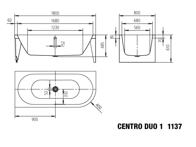 Kaldewei Badewanne „Meisterstück Centro Duo 1“ vorwand eck 180 × 80 cm, rechts