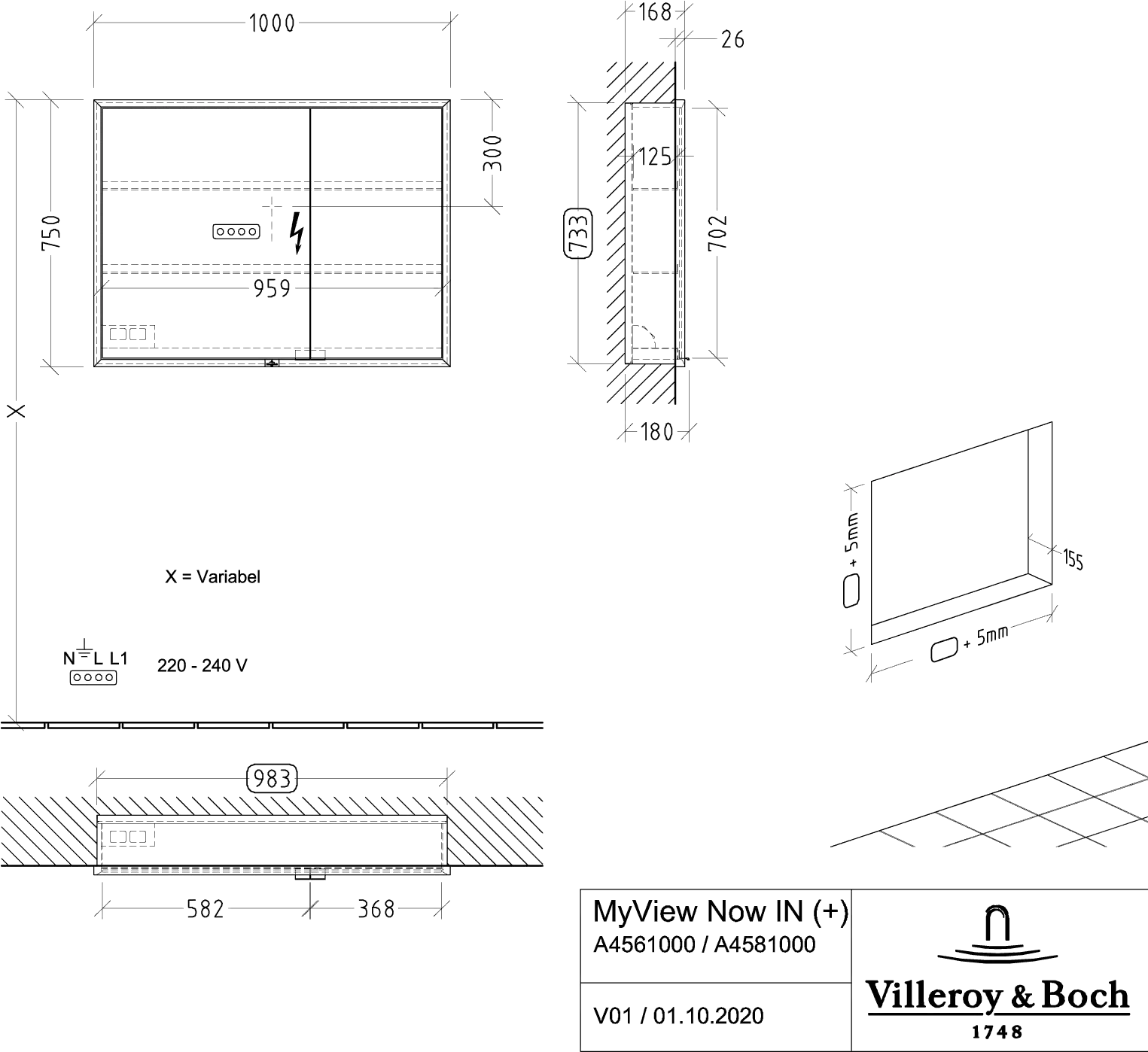 Villeroy & Boch Einbau-Spiegelschrank „My View+“ 1000 × 750 × 168 mm in Volcano Black