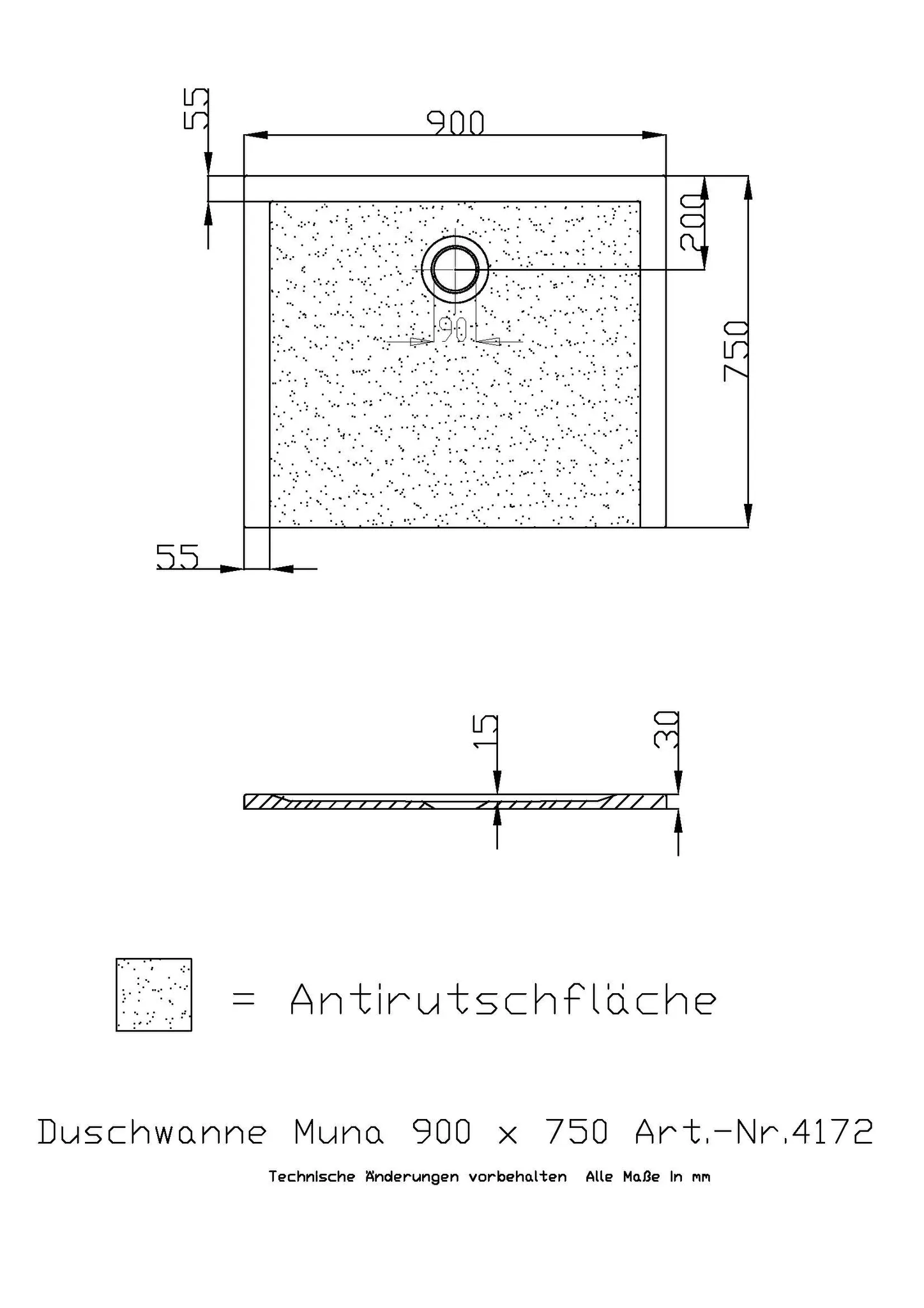 Duschwanne „Muna“ Rechteck 90 × 75 cm in Weiß