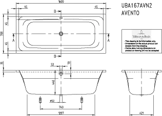 Villeroy & Boch Badewanne „Avento“ rechteck 160 × 70 cm, Mittelablauf