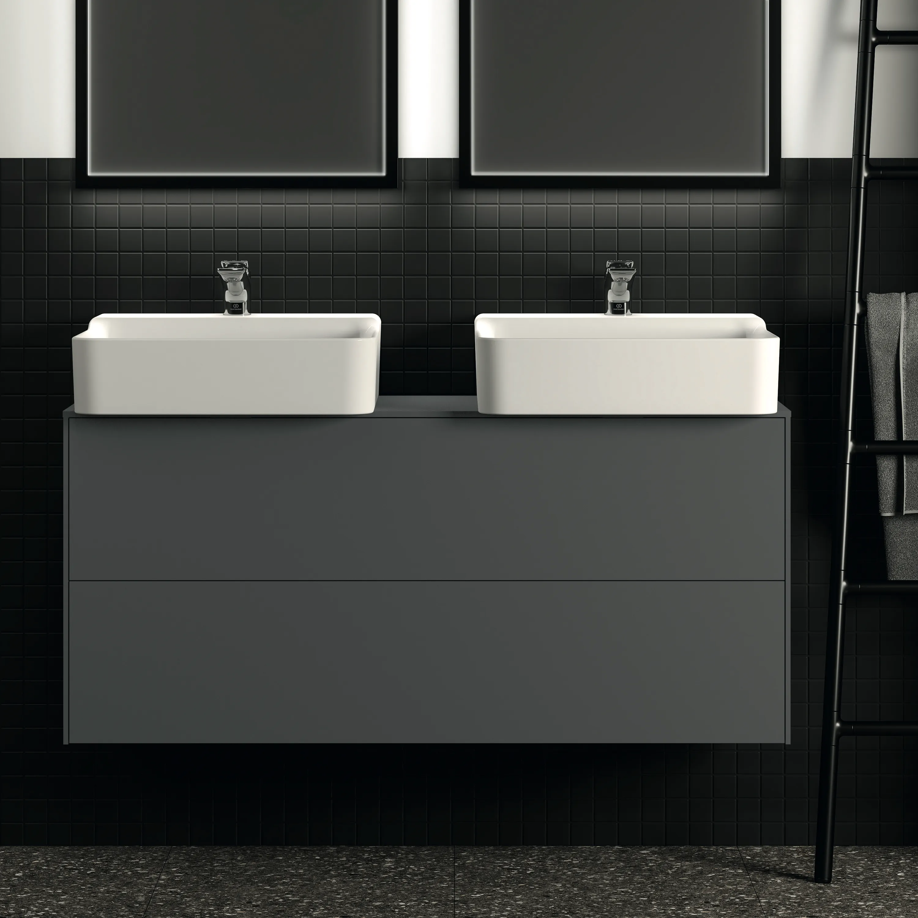 Ideal Standard Conca Waschtischunterschrank, Anthrazit matt, 1.202 x 373 x 550 mm, 2 Auszüge mit Push-Open und Softclose-Einzug, wahlweise links oder rechts