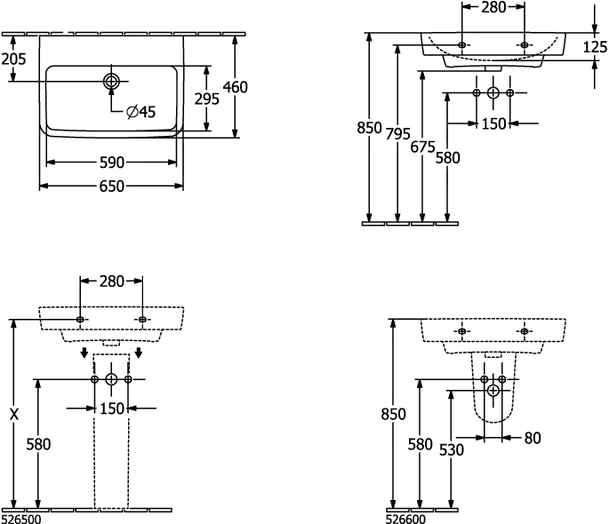 Villeroy & Boch Wandwaschtisch „O.novo“ 650 × 460 × 175 mm, für Becken mittig, ohne Hahnlochbohrung in Weiß Alpin Villeroy & Boch Wandwaschtisch „O.novo“ 650 × 460 × 175 mm, für Becken mittig, ohne Hahnlochbohrung in Weiß Alpin