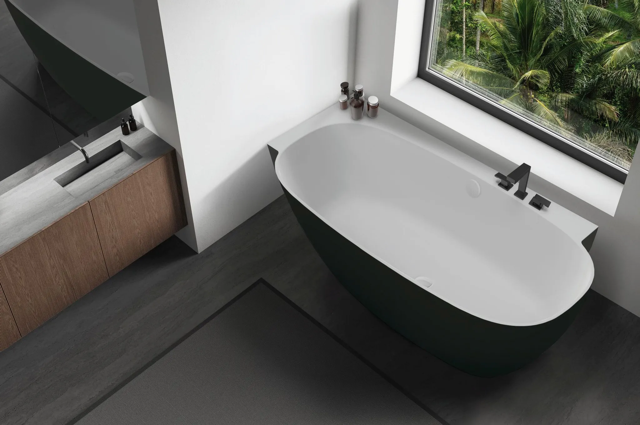 Badewanne LaBrillante BiColor von Hoesch – freistehend, 1800 x 800 mm, innen weiß matt, außen schwarz matt, mit Überlaufbefüllung