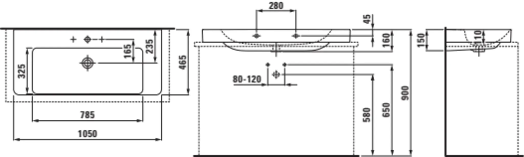 PRO X Aufsatz-Waschtisch 816869 1HL m. mÜL, 1050x465, weiß