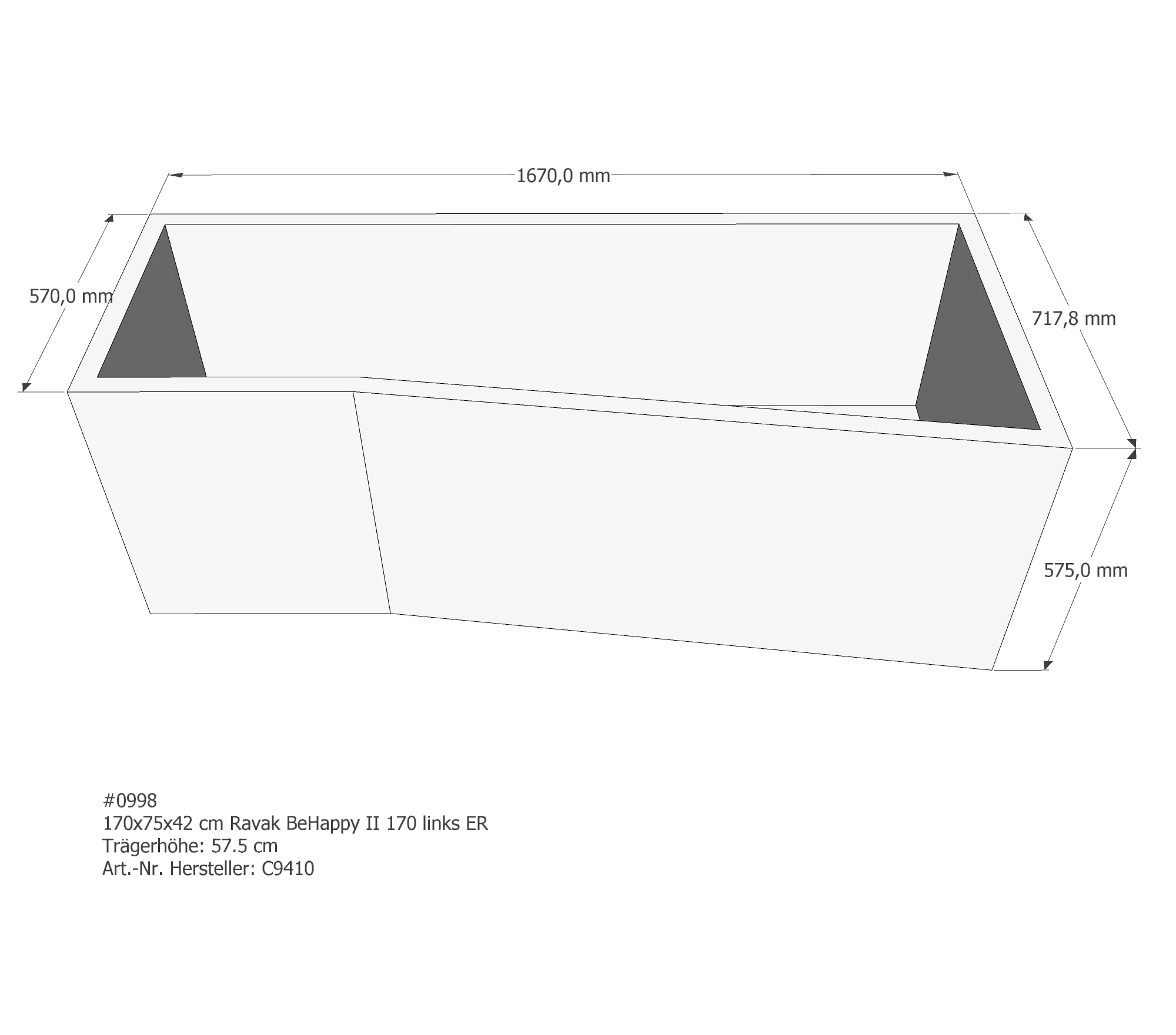 Badewannenträger passend für Ravak BeHappy II 170 links links 170 × 75 × 42 cm