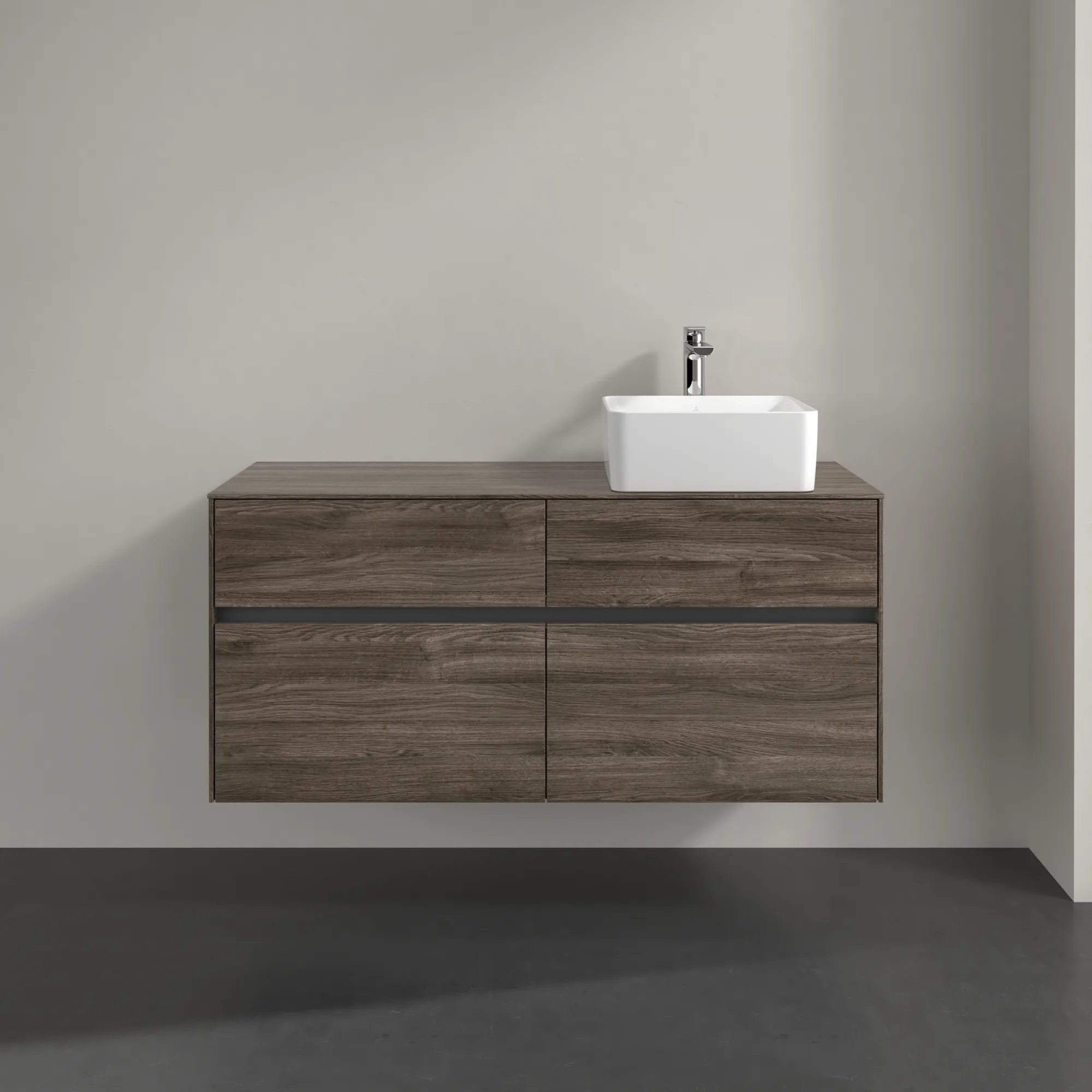 Villeroy & Boch Waschtischunterschrank „Collaro“ 1200 × 548 × 500 mm Stone Oak, für Becken rechts, mit Beleuchtung Villeroy & Boch Waschtischunterschrank „Collaro“ 1200 × 548 × 500 mm Stone Oak, für Becken rechts, mit Beleuchtung