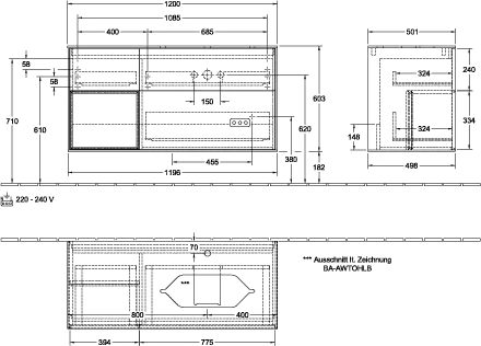 Villeroy & Boch Waschtischunterschrank „Finion“ für Schrankwaschtisch 120 × 60,3 × 50,1 cm 3 Schubladen, für Waschtischposition rechts, inkl. Beleuchtung rechts