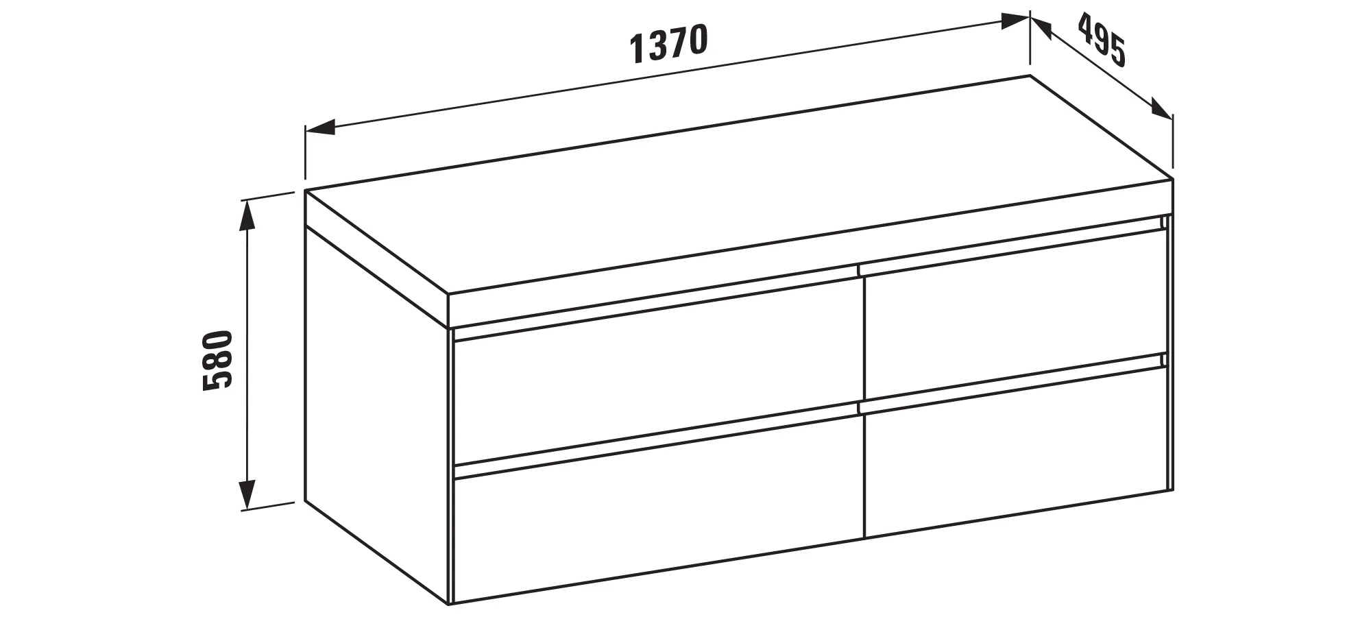 Waschtischunterbau+Waschtischplatte (MODULAR SYSTEM) LANI 495x1370x580 ohne Ausschnitt Abdeckplatte 65 mm (Farbe: .260 weiß matt), mit 4 Schubladen (800 mm links + 600 mm rechts) integrierter Griffleiste Vollauszug und Soft-Close weiß matt