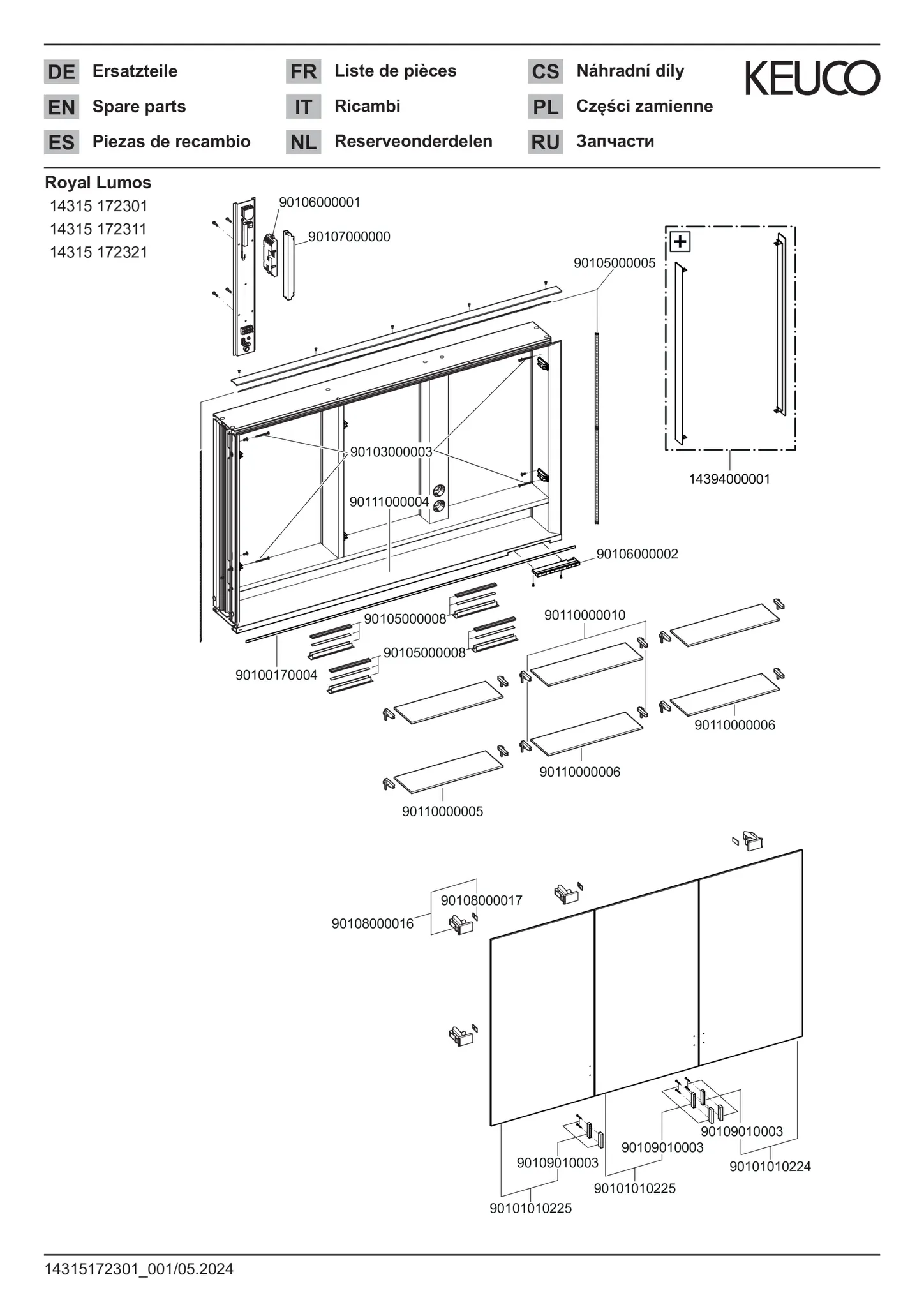 KEUCO ROYAL LUMOS Spiegelschrank Wandeinbau 3-türig lange Tür silber-eloxiert