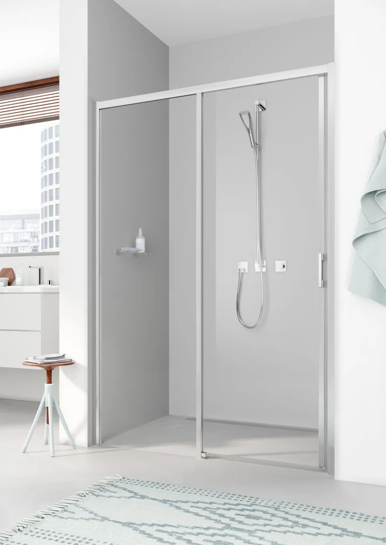 Kermi Duschtür Gleittür 2-teilig bodenfrei mit Festfeld links für Nische und Ecke „LIGA“ 185 cm Glas Klar, Profile Silber Hochglanz, Schiebetür zweiteilig