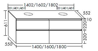 Waschtischunterschrank, Konsolenplatte;inkl. 2 Beckenausschnitte;Waschtischunterschrank;2 Schubladen oben, 350 mm tief, mit Siphonausschnitt und Inneneinteilung;2 Auszüge unten, 420 mm tief, Tiefe: 552 mm, Breite: 1802 mm, Höhe: 611 mm
