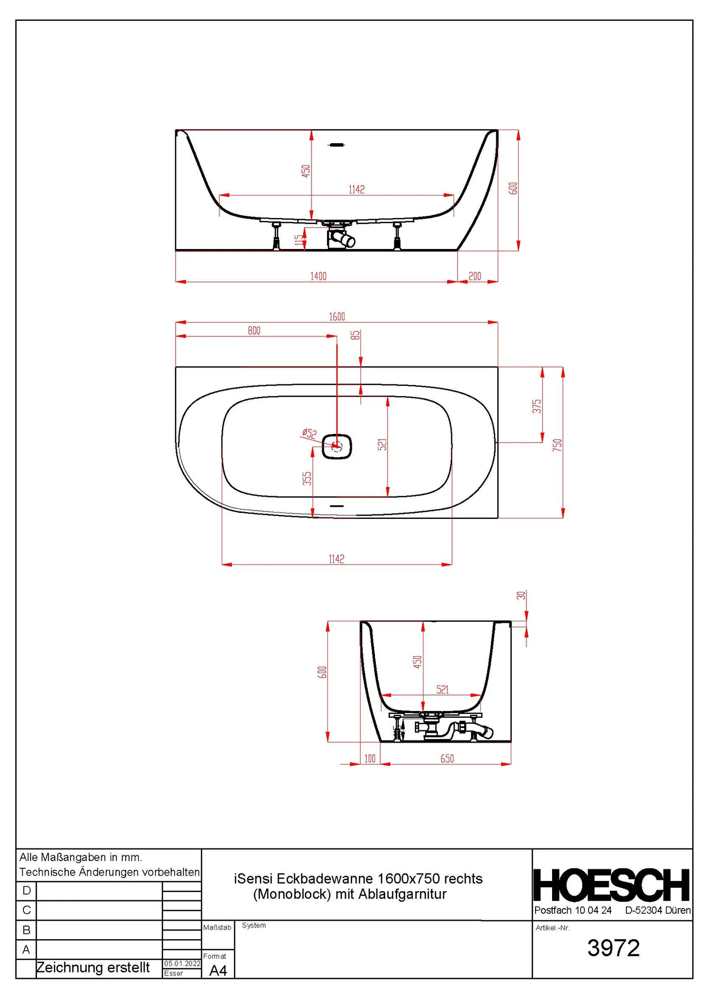 Hoesch iSensi Eck 1600x750 rechts Monolith mit Überlaufschlitz und Klick-Klack Siphon, Weiß