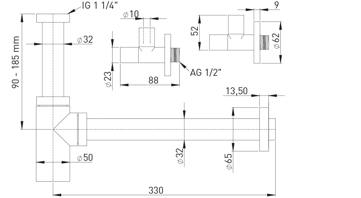 Design-Paket 1 1/4″ Messing verchromt bestehend aus: 1x (#109026) 2x (#108654)