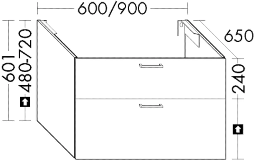 Waschtischunterschrank Sys30 von burgbad – 1 Schublade oben, 420 mm tief mit Siphonausschnitt; 1 Auszug unten, 420 mm tief, inkl. Metallkonsolen – Maße: 650 x 600 x 601 mm