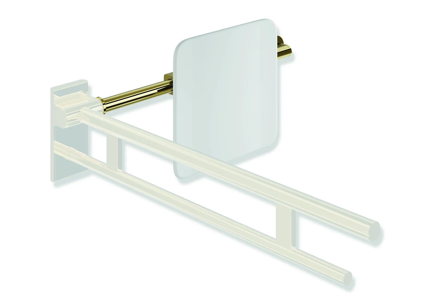 HEWI Rückensstütze System 900, PVD Gold glänzend, 150 mm tief, Achsmaß verstellbar 616-716 mm, einseitig Wandmontage mit Rosetten und SKG-Griffen