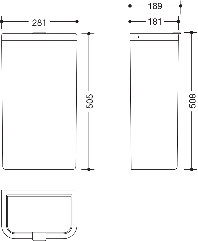 Papierabfallbehälter, Polyamid in Farbe 90, Fassungsvermögen ca. 25 l, mit Deckel, Breite 281 mm, Höhe 505 mm, Tiefe 181 mm, Wandmontage, in Farbe 90 (Tiefschwarz)