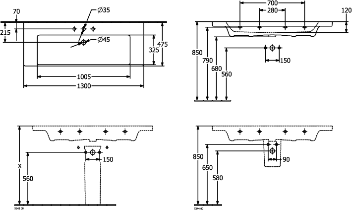 Villeroy & Boch Wandwaschtisch aus TitanCeram „Subway 3.0“ 1300 × 475 × 170 mm, ohne Hahnlochbohrung, Hahnlochposition mittig in Weiß Alpin Villeroy & Boch Wandwaschtisch aus TitanCeram „Subway 3.0“ 1300 × 475 × 170 mm, ohne Hahnlochbohrung, Hahnlochposition mittig in Weiß Alpin