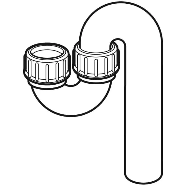 Rohrbogengeruchsverschluss für Ausgussbecken, mit Quetschverschraubung, Einlauf vertikal und Abgang vertikal: d=50mm, d1=56mm Rohrbogengeruchsverschluss für Ausgussbecken, mit Quetschverschraubung, Einlauf vertikal und Abgang vertikal: d=50mm, d1=56mm