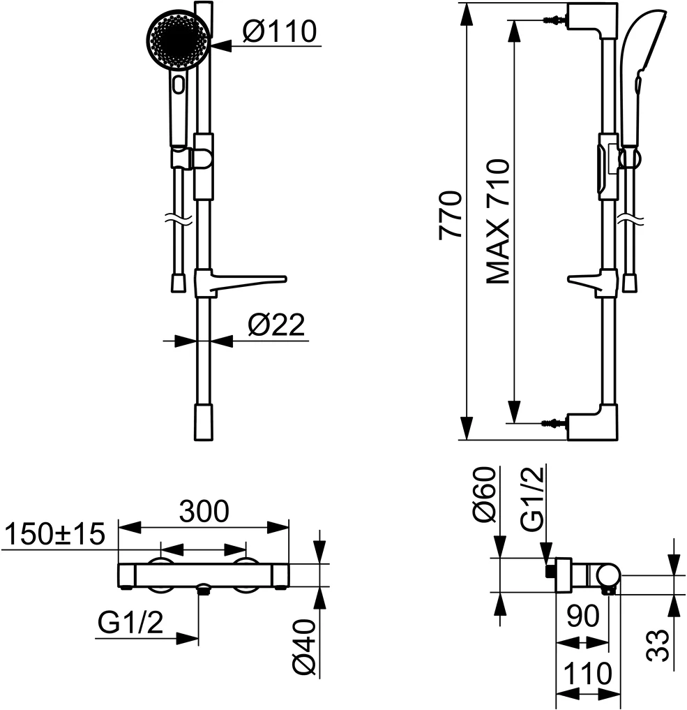 HansaPRISMA Duscharmatur Wandmontage Thermostat Stahl gebürstet 770 mm