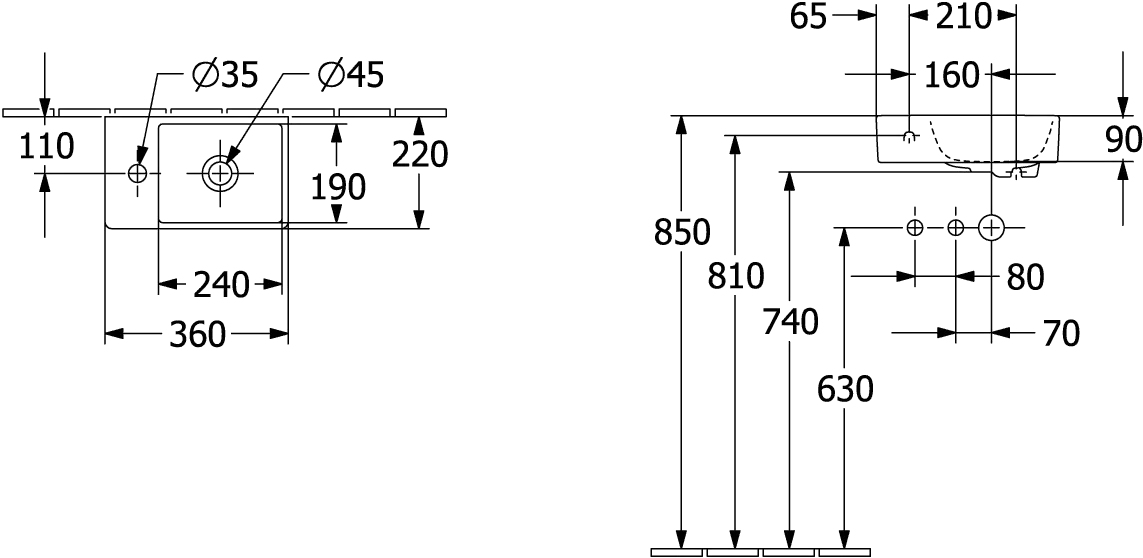 Villeroy & Boch Handwaschbecken „Avento“ 360 × 220 × 110 mm, für Becken rechts, mit Hahnlochbohrung, Hahnlochposition mittig in Weiß Alpin Villeroy & Boch Handwaschbecken „Avento“ 360 × 220 × 110 mm, für Becken rechts, mit Hahnlochbohrung, Hahnlochposition mittig in Weiß Alpin