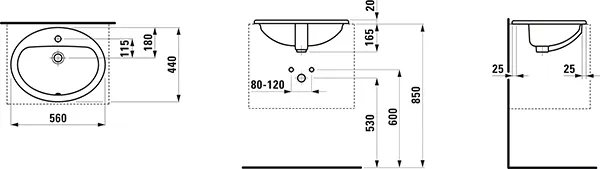 Einbauwaschtisch von oben PRO B 440x560x165 1 Hahnloch mit Überlauf weiß