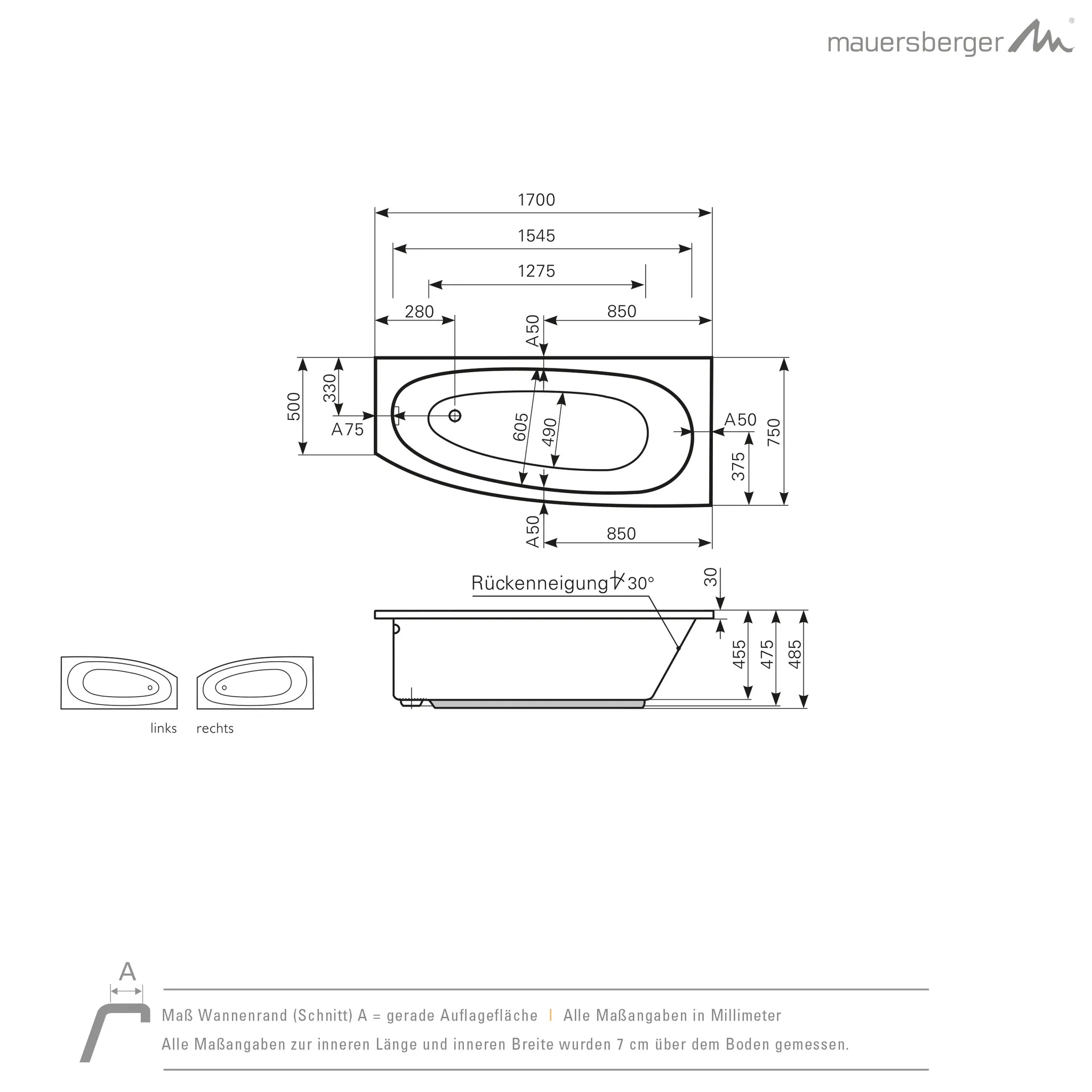 Mauersberger Acryl-Badewanne bombax 170⁄75 links, weiß