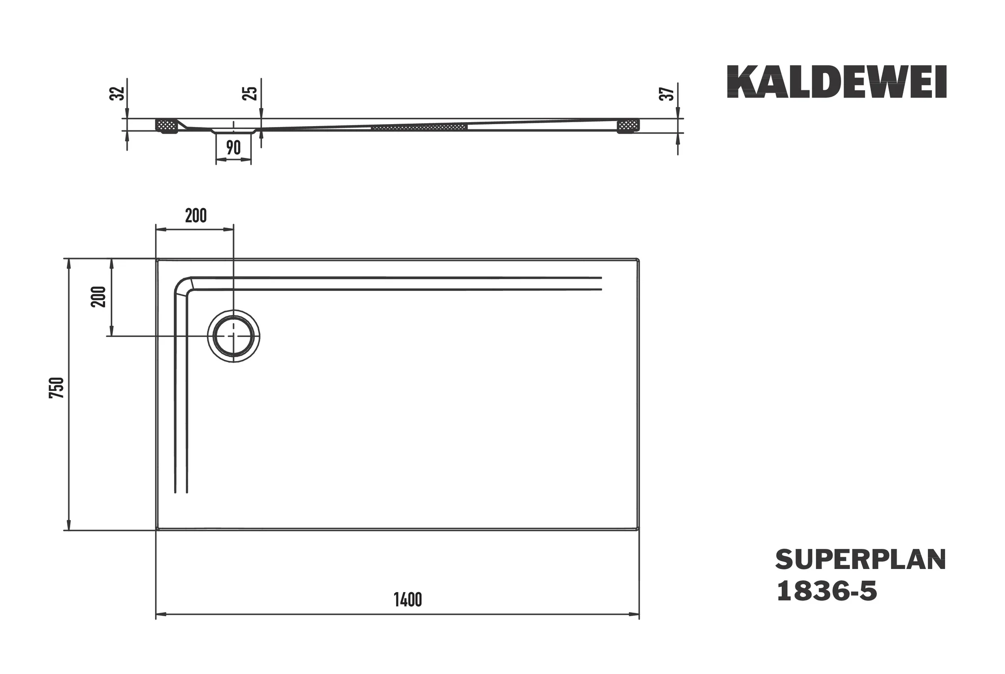 Kaldewei SUPERPLAN Duschfläche extraflach, 750x1400 mm, cool grey 40, Secure Plus, Eckablauf, 32 mm Randhöhe
