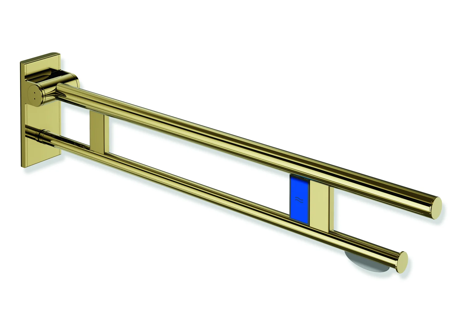 HEWI Stützklappgriff Duo, System 900, Edelstahl PVD gold glänzend, Ausladung 900 mm, mit WC-Papierhalter und Funk-Spülauslösung, links