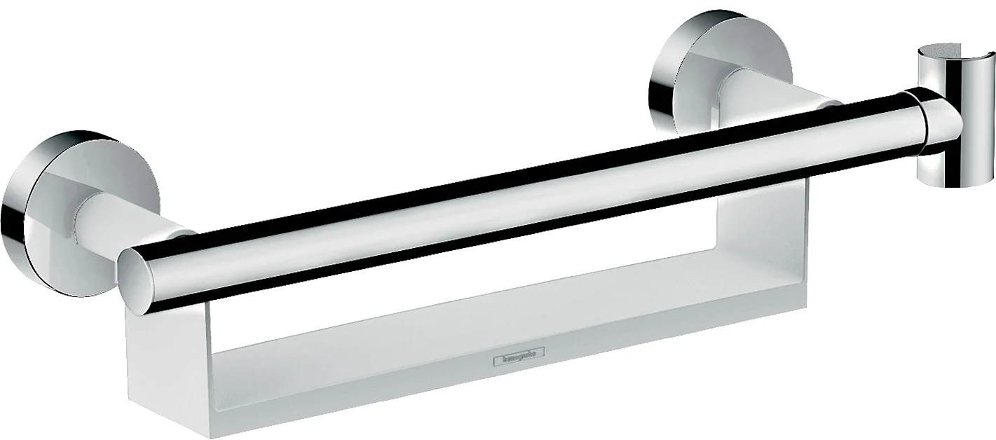 Hansgrohe Unica Haltegriff Comfort weiß/chrom mit Ablage und Brausehalter, 25 mm Durchmesser Hansgrohe Unica Haltegriff Comfort weiß/chrom mit Ablage und Brausehalter, 25 mm Durchmesser