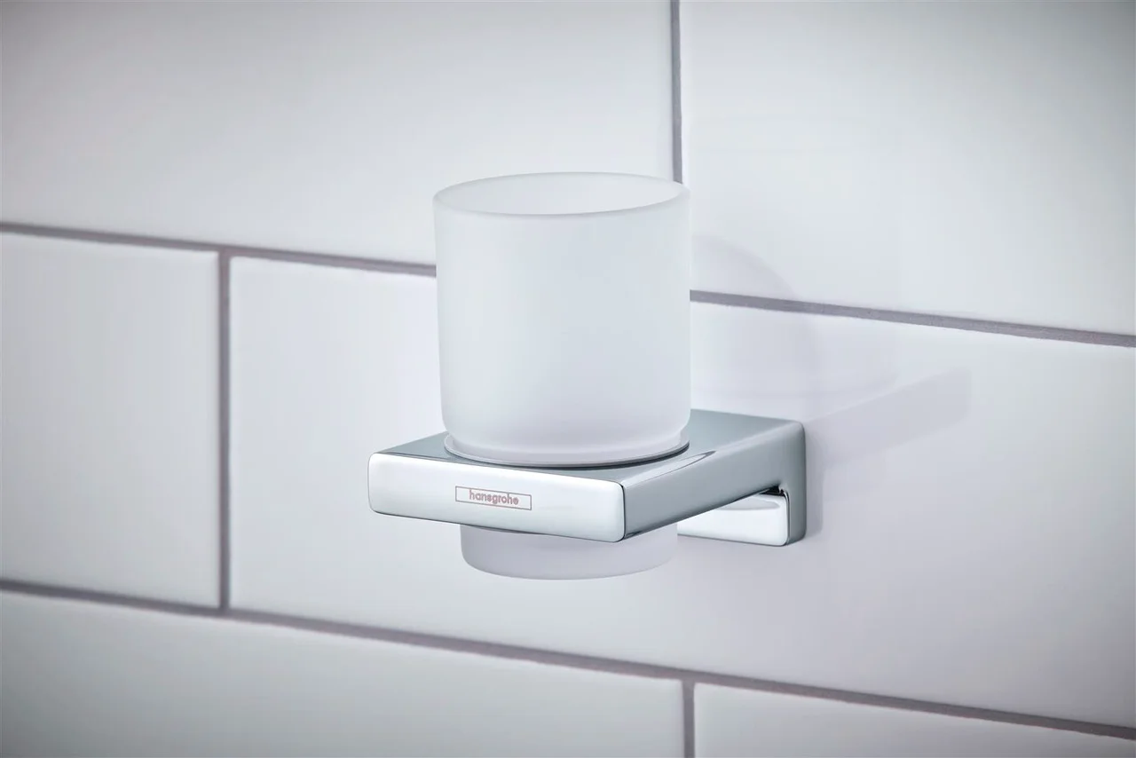 Hansgrohe AddStoris Q Zahnputzbecher Chrom, Wandmontage, Metall und Mattglas, Bohrabstand 26 mm, Bohrloch Ø 6 mm